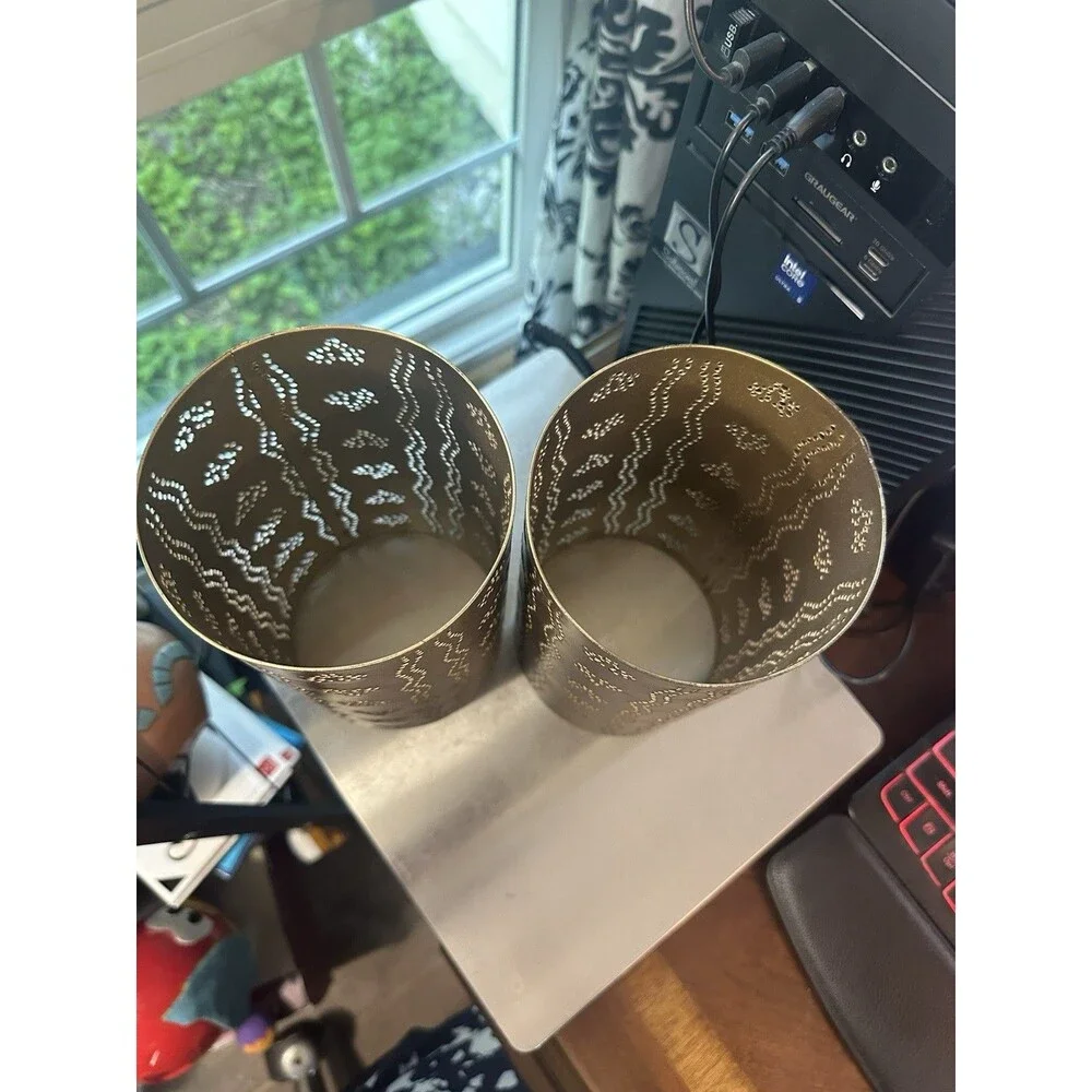 VTG Set of 2 Bronze Punched Tin Candle Holder 8X4.5 inches